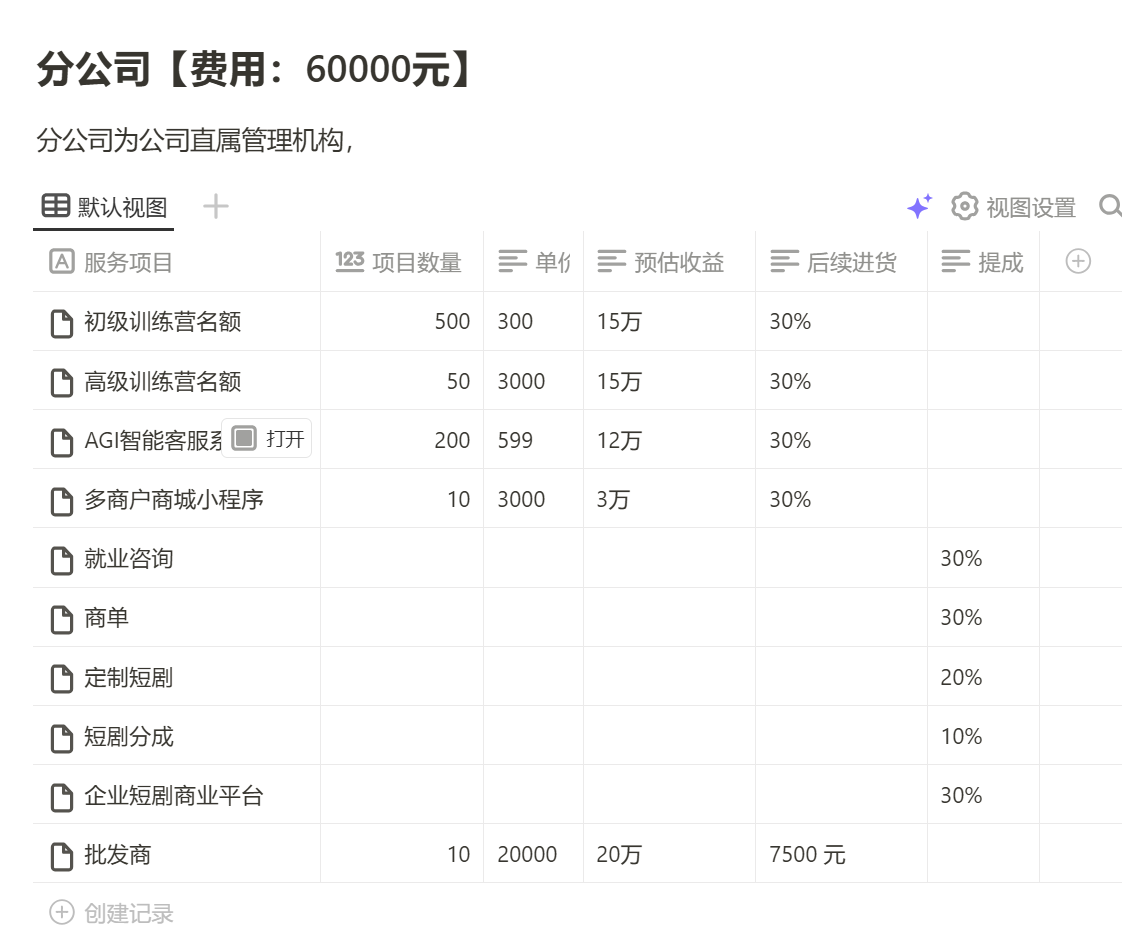 分公司权益与收益表
